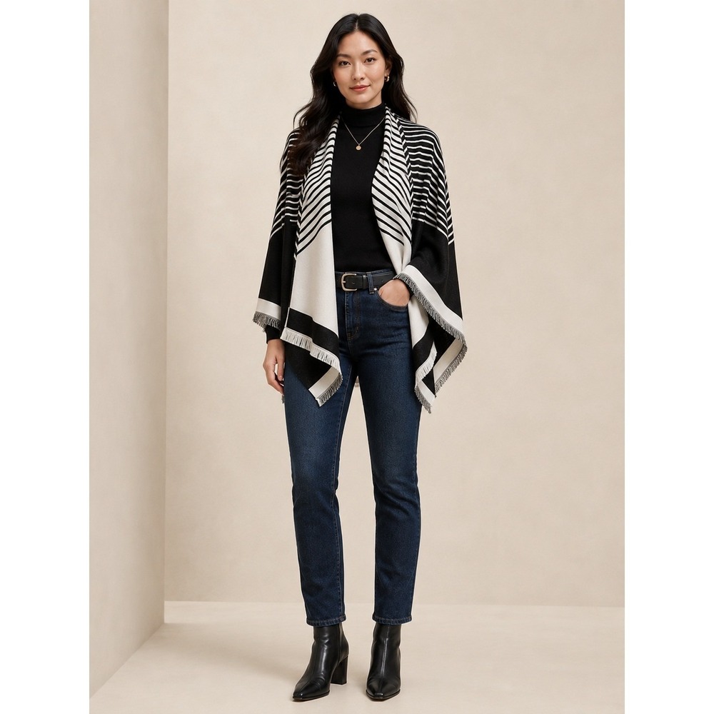 Banana Republic Striped Wrap OS Black White Wrap Poncho Shimmer Metallic‎ Artsy